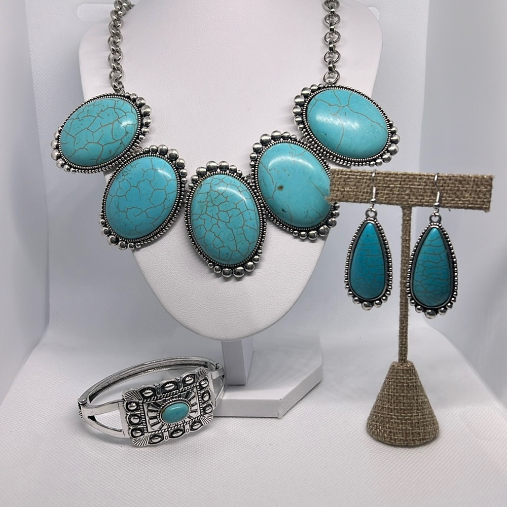 Silvertone turquoise, necklace, earrings, and bracelet set